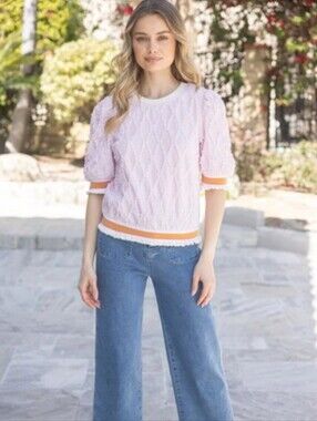 Women’s White Textured Puff-Sleeve Sweater with Stripe Trim